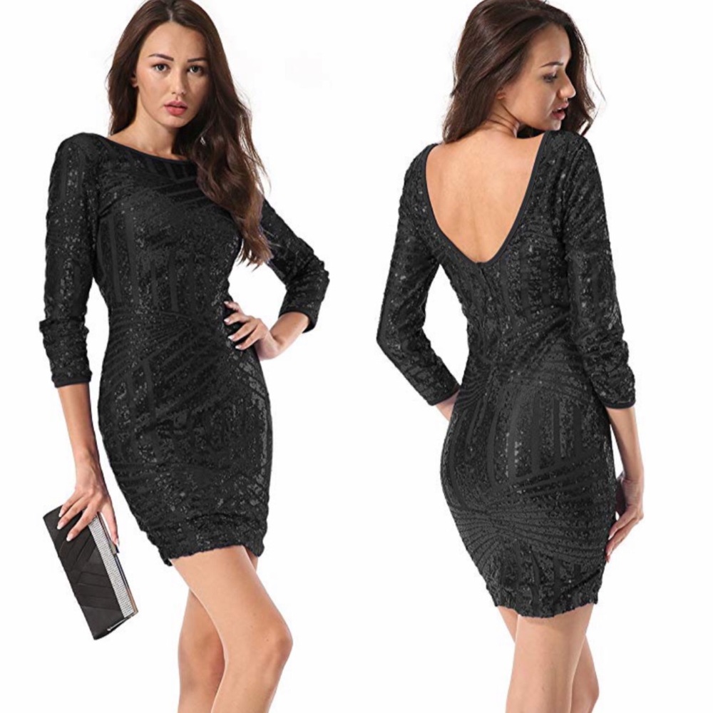 Black Sequin Glitter Bodycon Cocktail Party Dress